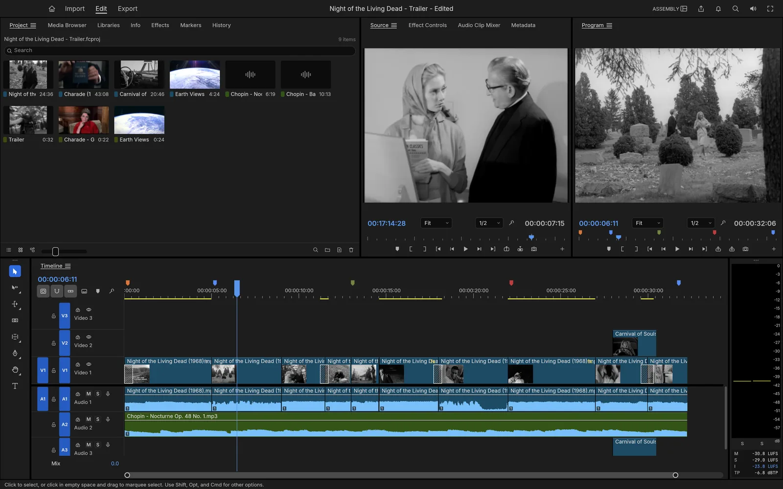 FilmCraft Assembly workspace with bins of film thumbnails, Source and Program monitors, and a three-track timeline with a music track and loudness meters