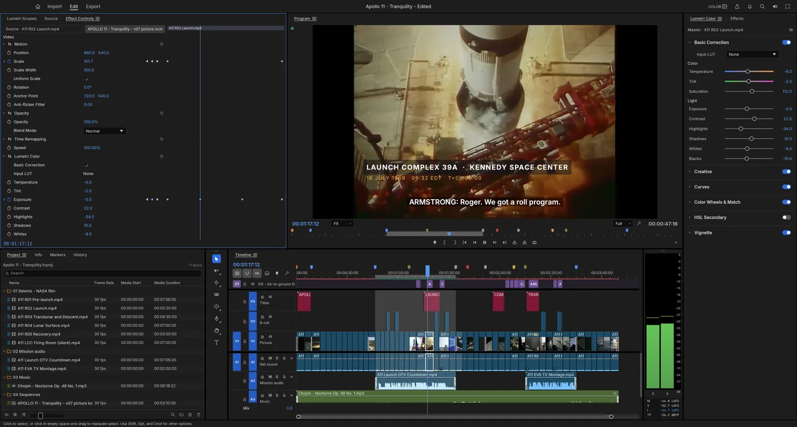 FilmCraft's Color workspace mid-way through a documentary edit: Effect Controls, the Program monitor with a lower-third title and a subtitle, the Lumetri Color panel, bins and a timeline with a caption track