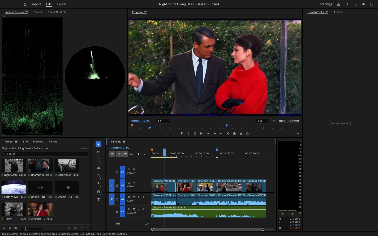 FilmCraft Color workspace on a frame from Charade (1963) with the waveform and vectorscope beside the Program monitor
