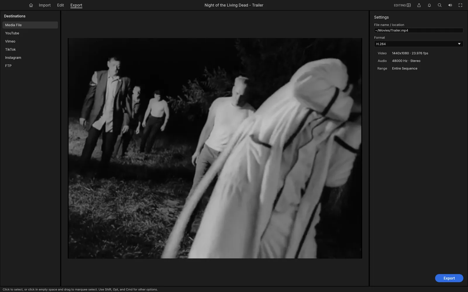 FilmCraft Export mode with H.264 settings on the right and a film frame in the preview