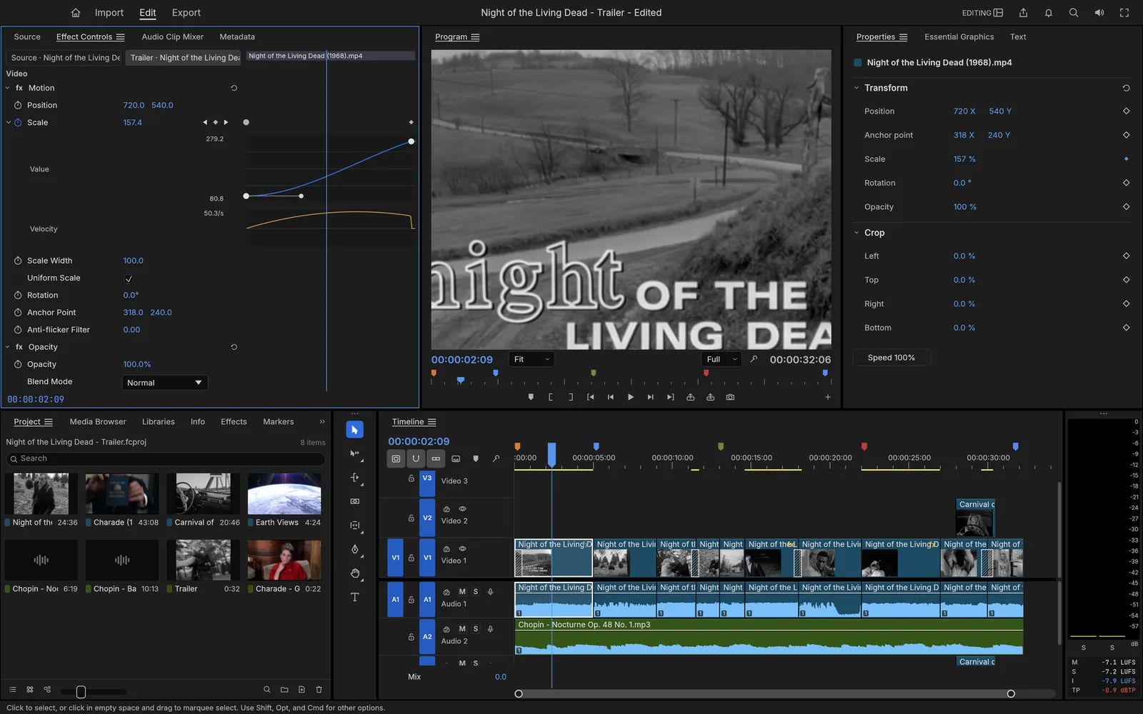 Effect Controls with value and velocity graphs of an eased Scale keyframe on a title card, next to the Program monitor