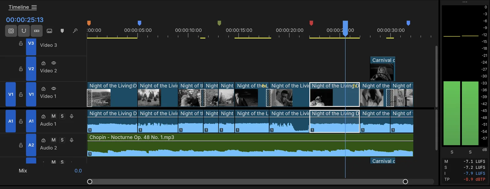 FilmCraft timeline with dissolves on V1, an insert on V2, a music waveform on A2, colored markers and loudness meters